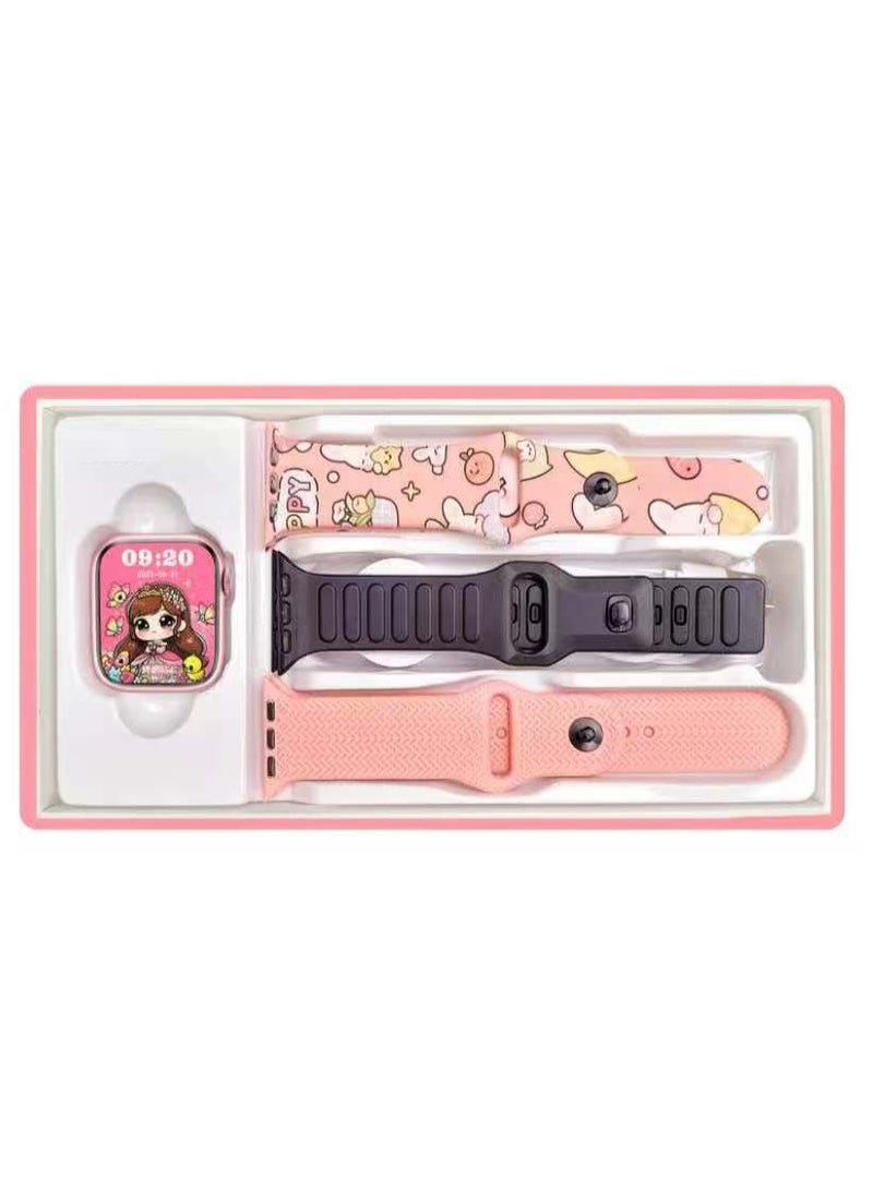 WISME X66 Mini Kids Smart Watch With Bluetooth Calling 3 Pair Straps and Charging Cable Pink - Image 1